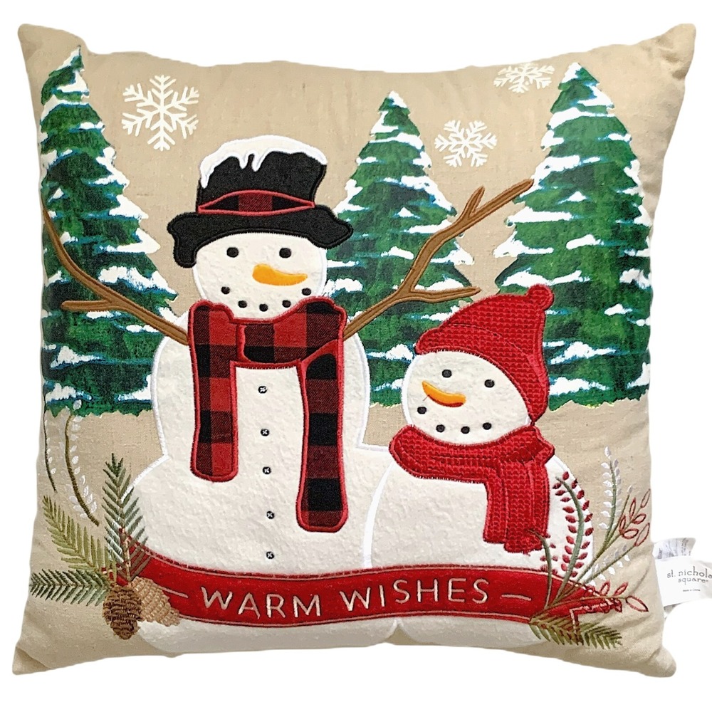 Pair 2016 St. Nicholas Snowman Christmas 18" Pillows Embroidered Applique